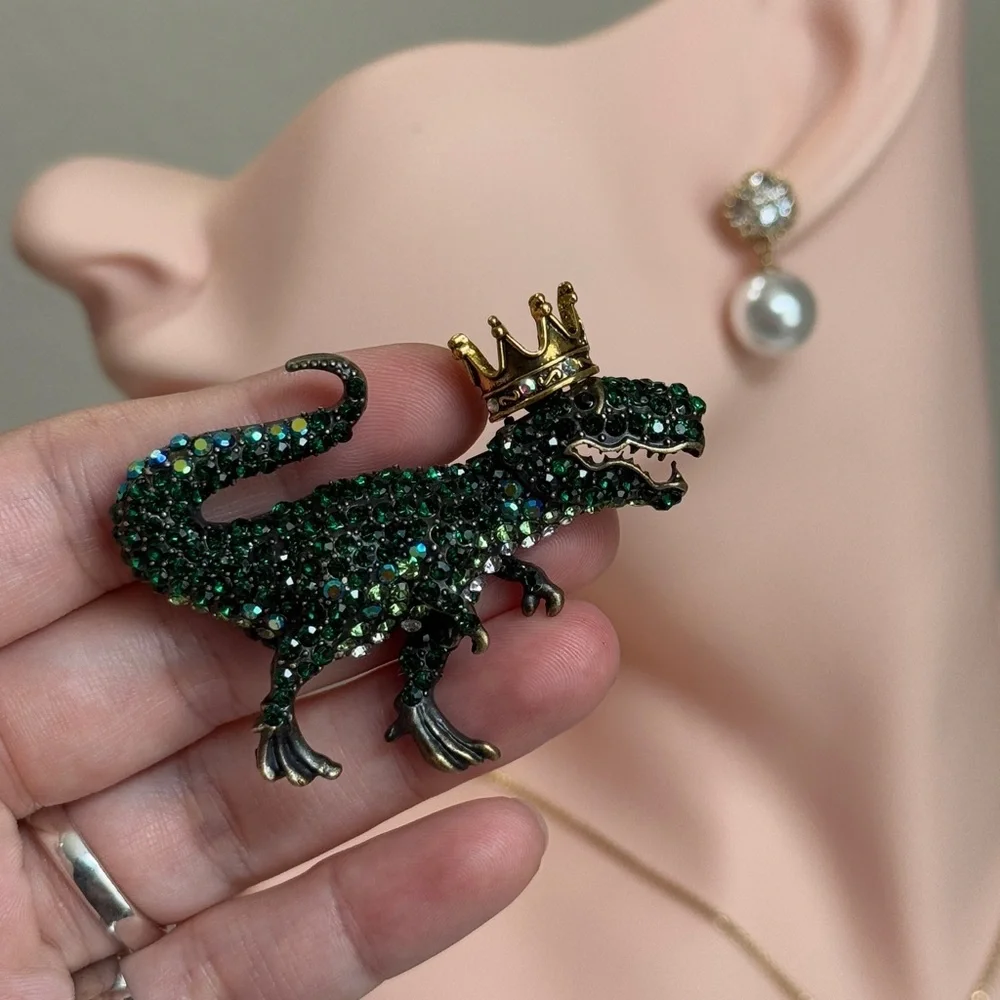 🦖⚜️ Green Zirconia Dinosaur Brooch with Gold Crown 👑